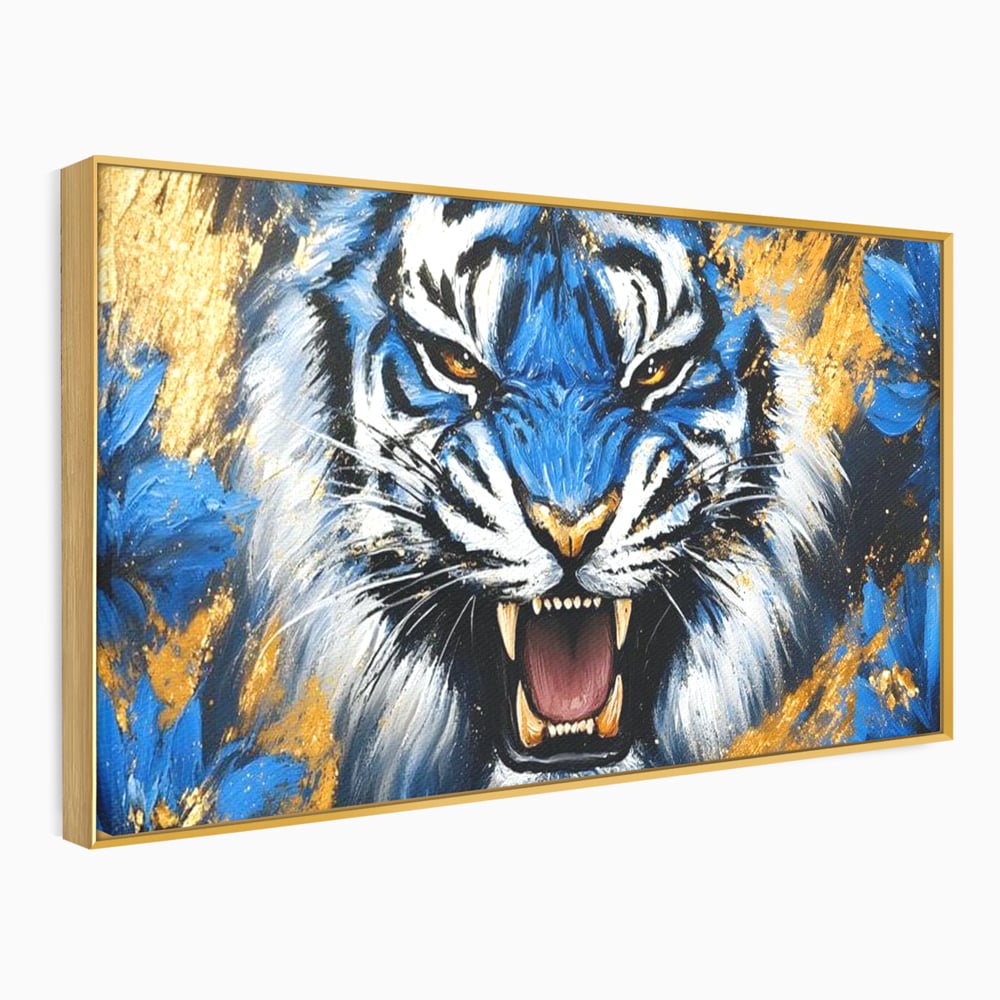 Tablou canvas cu tablou canvas cu tigru albastru si flori, in rama de aluminiu auriu